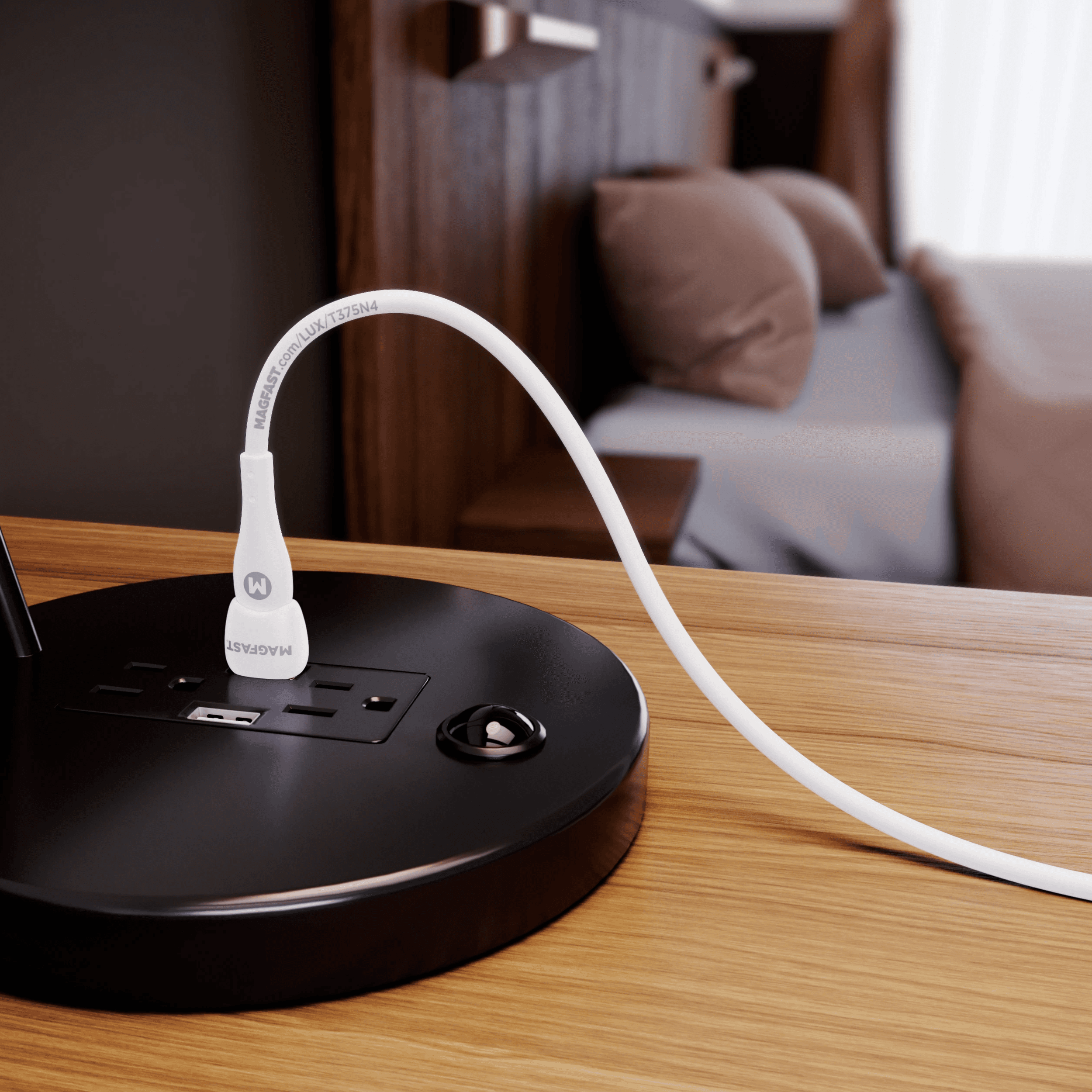 A MAGFAST cable in a desk setup. The company designs its cables, chargers and stands as one system.
